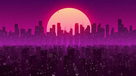 3D-night-city,-city-sunset,-purple-neons,-vaporwave-style,-retro-futuristic-80s-90s,-science-fiction