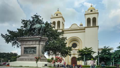 A-timelapse-of-a-daytime-view-of-the-cathedral-of-San-Salvador-and-the-statue-of-Gerardo-Barrios-in-the-historical-district-of-the-city