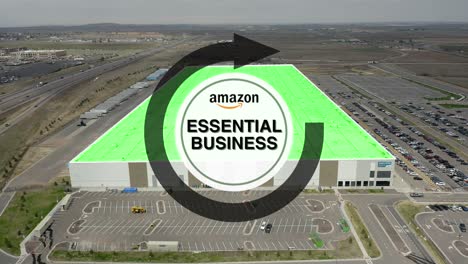 Aerial-motion-graphic-displays-essential-business-title-over-Amazon-warehouse