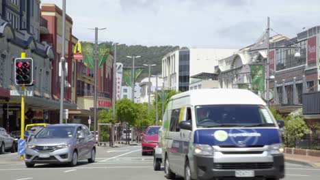 A-shot-of-cars-waiting-at-the-intersection-of-Courtney-Place-and-Taranaki-St-in-Wellington,-NZ