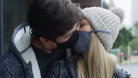 Covid,-love-and-couple-kiss-with-face-mask