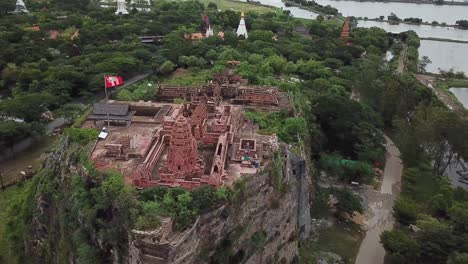 Preah-Vihear-Temple-Replica-on-Artificial-Hill-in-Ancient-Siam-City-Museum,-Cinematic-Aerial,-From-Originally-Location-on-Cambodia-Thailand-Border