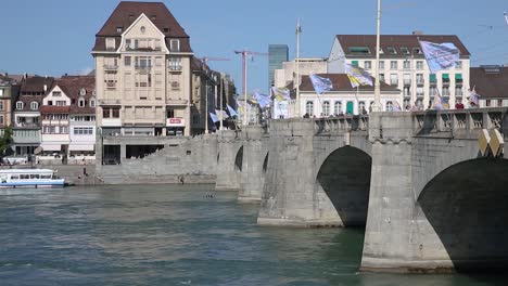 Middle-Rhine-Bridge-and-waterfront-buildings-of-Basel,-Switzerland