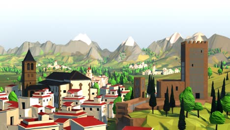 Slow-Jib-Shot-from-a-White-Washed-Town-to-Reveal-a-Mediterranean-Landscape-in-a-Low-Poly-3D-Environment