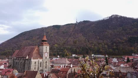 Establishing-shot,-tree-blow-of-the-wind,-scenic-view-of-Black-Church,-Tampa-Hill-and-houses-in-brasov