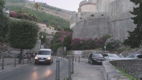 Early-morning-on-the-entering-road-to-the-old-parts-of-Dubrovnik-with-the-view-on-Srd-mountain-and-fortified-walls
