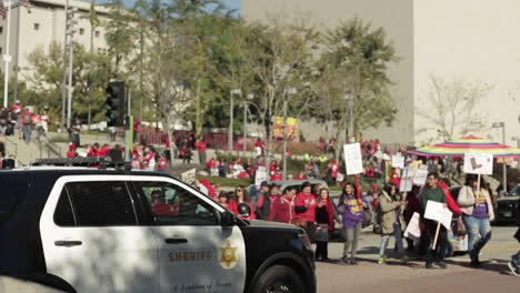 Large-Crowd-Arrives,-Piles-Into-LAUSD-Teacher's-Strike,-LAPD,-Slow-Motion