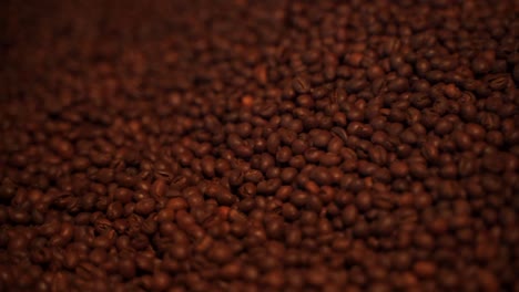 Close-up-of-coffee-beens-get-shoved-around-by-golden-shovel-of-mashine-as-part-of-roasting-process-falling-beautiful-and-slow