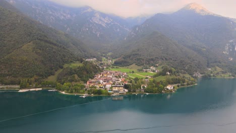 Aerial-view-of-Ledro-with-lake,-Trentino,-Val-di-Ledro-in-North-Italy