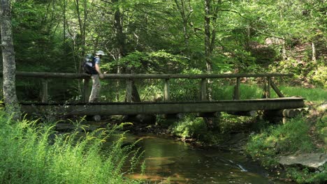 One-man-crosses-a-footbridge-at-Judy-Springs,-within-the-Spruce-Knob-Seneca-Rocks-National-Recreation-Area-in-West-Virginia