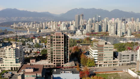 Aerial-drone-shot-of-the-downtown-Vancouver-skyline