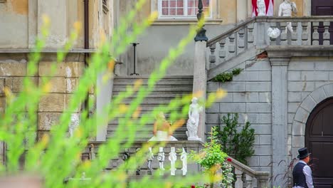 Braut-Beim-Treppensteigen-Auf-Schloss-Statenberg,-Betrachtet-Durch-Pflanzen