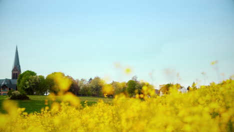 Panning-from-a-nice-german-village-with-a-church-to-a-field-of-rapeseed