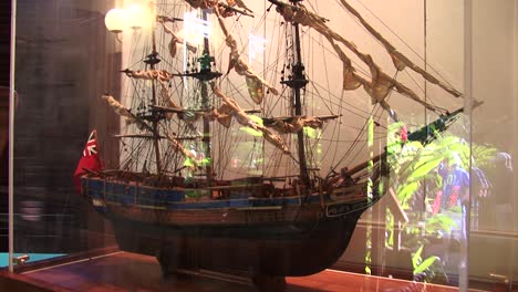 Model-of-Royal-Navy-sailing-ship-HMS-Bounty-in-the-house-museum-of-the-writer-James-Norman-Hall-in-Papeete,-Tahiti