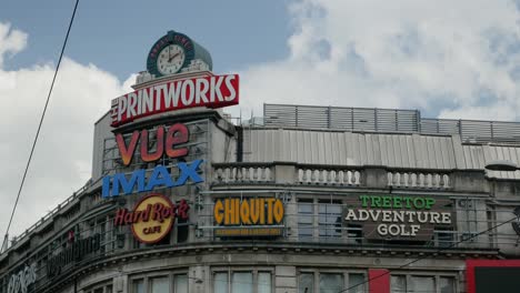 Printworks-tourist-attraction-Greater-Manchester-with-summer-sunny-day-landmark-in-the-city-sign-left-framed-4K-25p