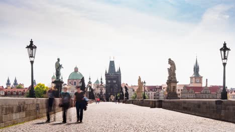 Timelapse-from-Charles-Bridge-in-Prague,-Czech-Republic-with-crowds-of-people-walking-over,-static-view