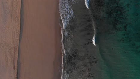 Drone-aerial-view-of-an-exotic-beach-with-gold-sand-and-turquoise-waters-in-Matadouro,-Portugal