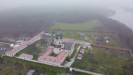 Drone-ascending-Pazaislis-Monastery-close-range-shot