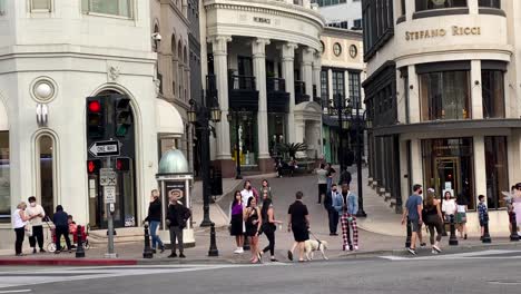 Tourists-outside-luxury-retail-stores-on-Rodeo-Drive,-Beverly-Hills