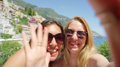 Travel,-selfie-and-girl-friends-wave-in-summer