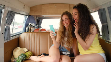Phone,-road-trip-and-travel-with-woman-friends