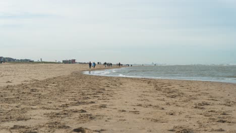 Bewegungszeitraffer-Von-Menschen,-Die-An-Einem-Sonnigen-Tag-Am-Strand-In-Katwijk-Aan-Zee,-Südholland,-Niederlande,-Spazieren-Gehen