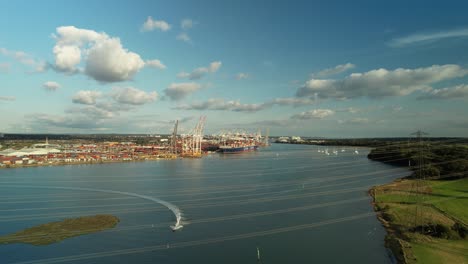 Rising-aerial-shot-of-DP-world-freight-harbor-in-Southampton-UK