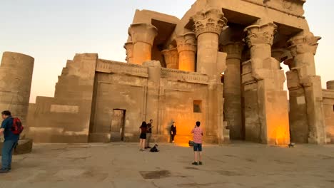 Kom-Ombo-symmetrical-temple-at-sunset,-one-of-the-most-famous-temples-in-Egypt
