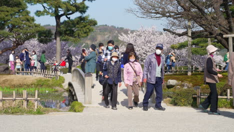 Locals-Wearing-Mask-Visiting-One-Of-The-Top-Three-Gardens---Kenrokuen-Garden-In-Kanazawa,-Ishikawa,-Japan