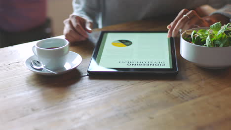Hands,-business-tablet-and-woman-with-coffee
