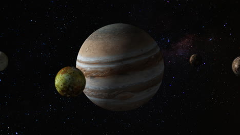 Animación-4k-3d-Del-Planeta-Júpiter-Con-Sus-Lunas-En-órbita-Europa,-Calisto,-Io-Y-Ganymede-En-El-Espacio