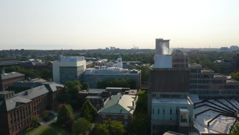 Low-Aerial-View-of-Harvard-University-College-Campus-on-Summer-Day