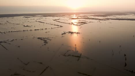 Aerial-drone-fly-over-flood-planes-on-the-shore-of-Tonle-Sap-Lake-during-sunset