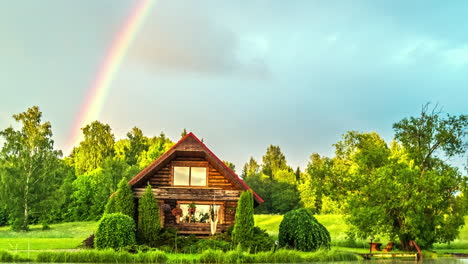 Fairytale-wooden-cabin-in-lush-woods-with-rainbow-in-sky