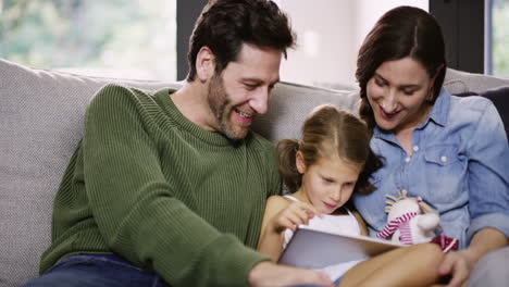 Happy-family,-tablet-and-internet-learning-at-home