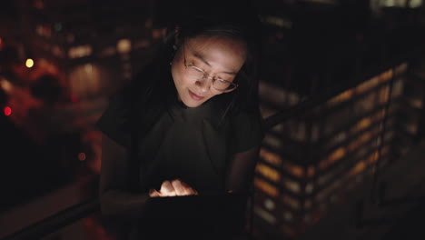 Business-woman,-tablet-or-night-balcony-on-digital