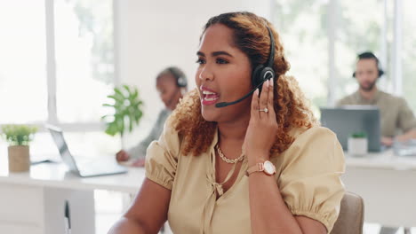 Telemarketing,-woman-and-happy-call-center