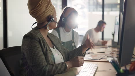 Call-center,-training-and-black-woman-coaching