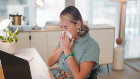 Allergies,-office-and-woman-blowing-her-nose
