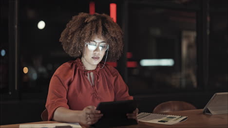 Black-woman,-tablet-and-working-in-office-at-night