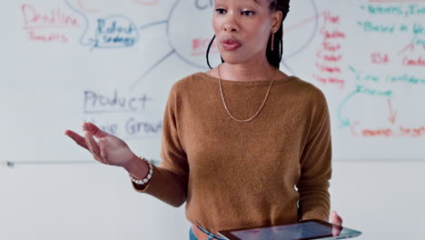 Tablet,-whiteboard-and-business-black-woman