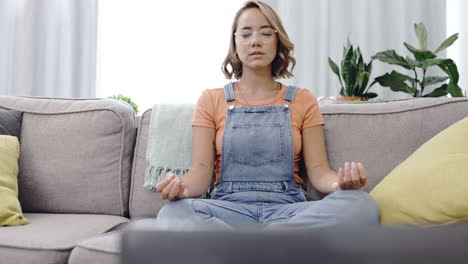 Yoga,-woman-on-couch-and-meditation-to-relax