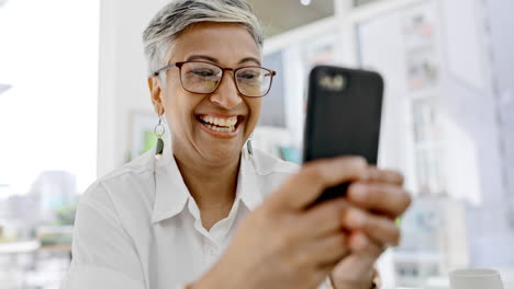 Business-woman,-laughing-and-typing-on-smartphone