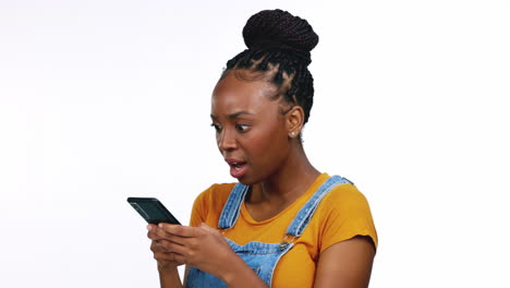 Shock,-typing-and-black-woman-with-phone-smile