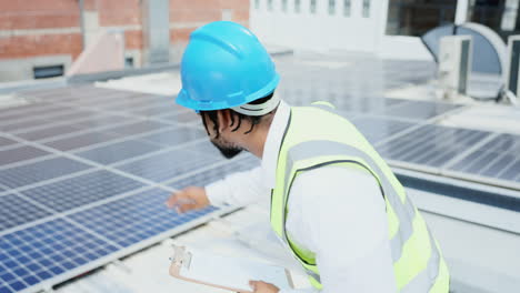 Black-man,-engineer-and-inspection-on-solar-panels
