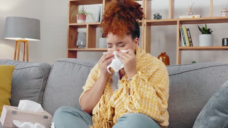 Sick-woman,-tissue-and-blowing-nose-in-home