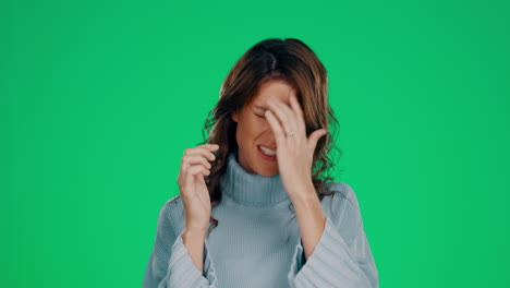Woman,-green-screen-and-angry-with-pulling-hair