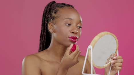 Black-woman,-face-or-beauty-lipstick-mirror