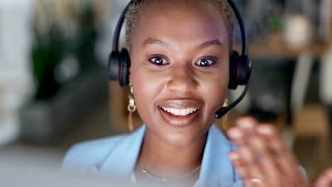 Call-center,-talking-and-black-woman