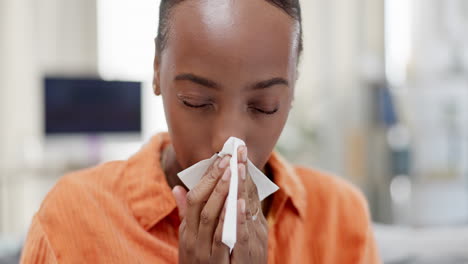 Sick-black-woman,-tissue-and-nose-in-home